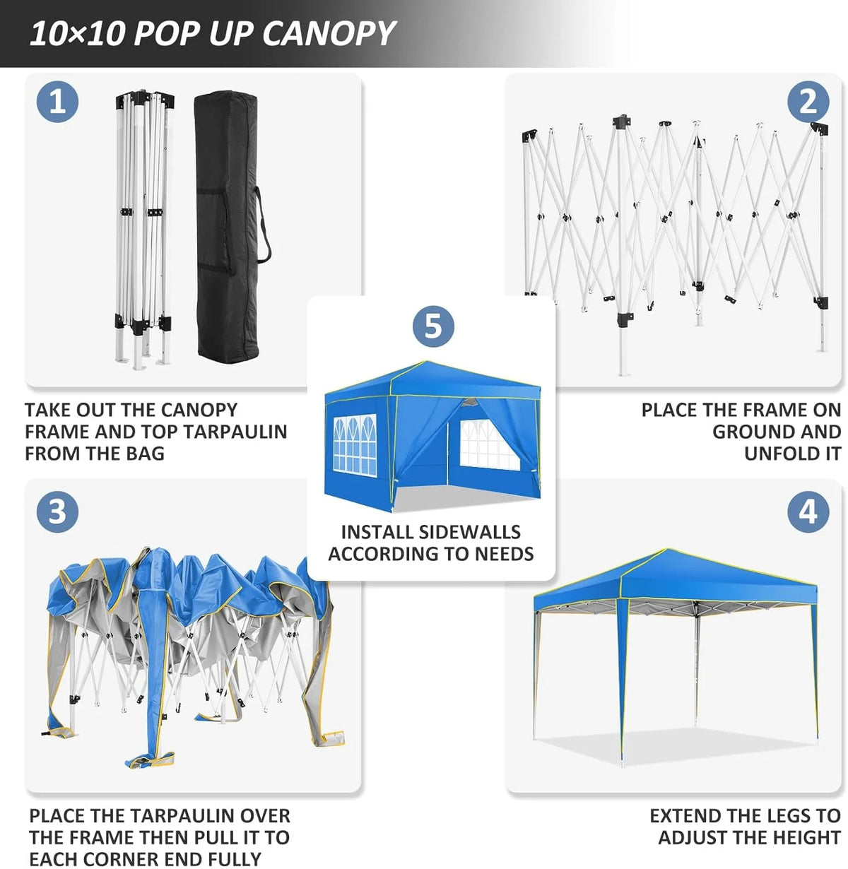 HOTEEL Chapiteau pop-up 10x10 avec murs latéraux, Tente imperméable pour fêtes et événements de mariage, Gazébo d'extérieur instantané avec sac de transport, piquets, cordes et sacs de sable, Noir