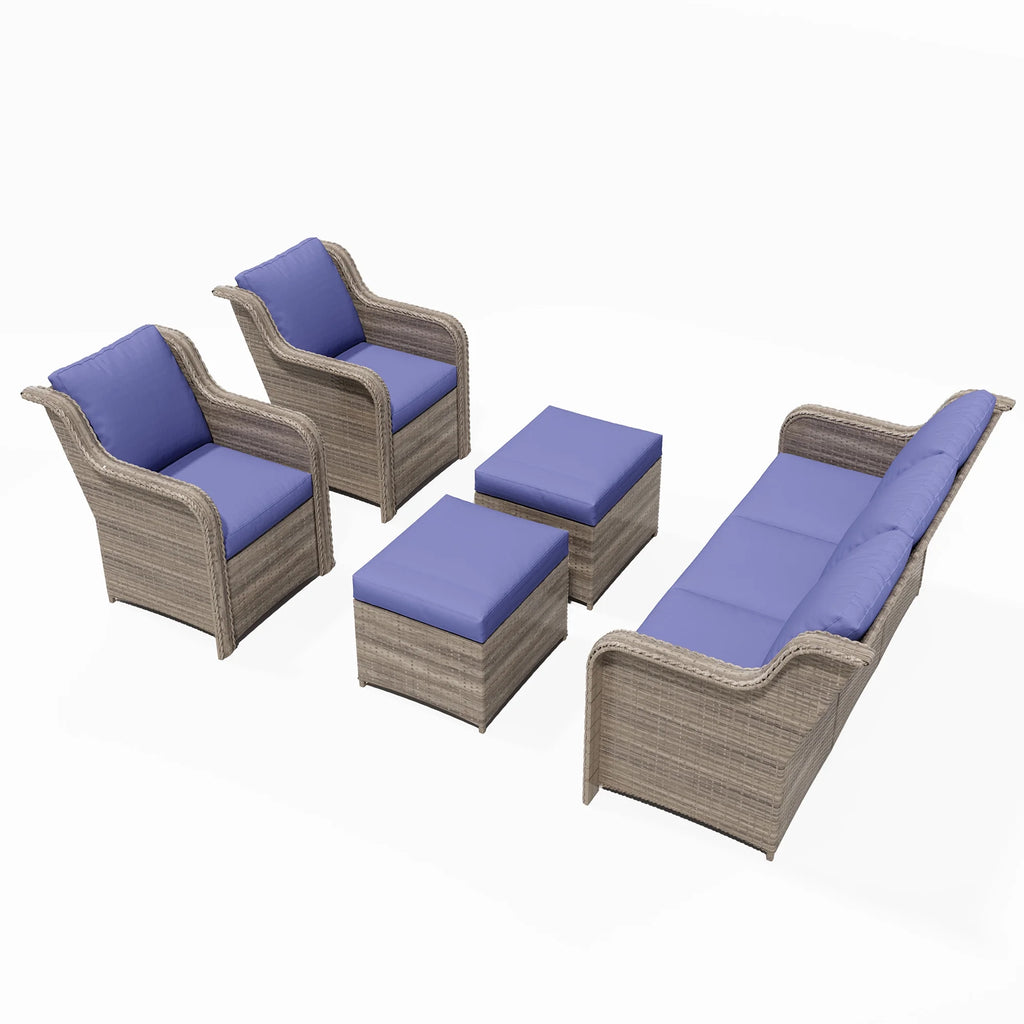 Salon de jardin Ainfox 7 pièces en promotion, canapé en rotin gris avec coussins gris