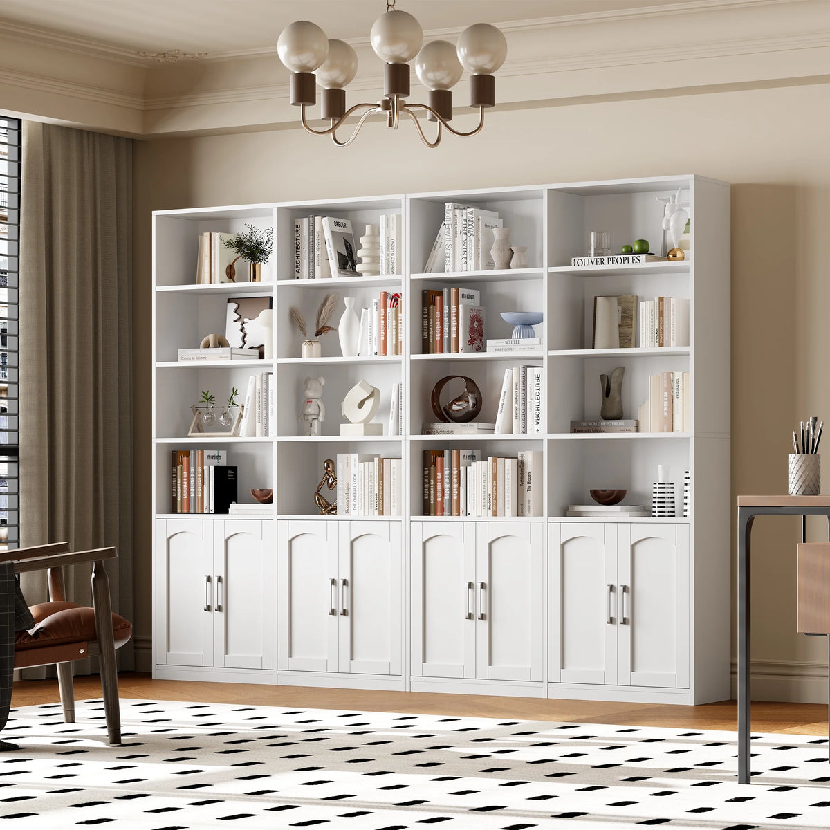 Bibliothèque haute Homfa 73 avec portes, 8 compartiments, 6 niveaux, double rangée, blanche, pour salon et bureau à domicile
