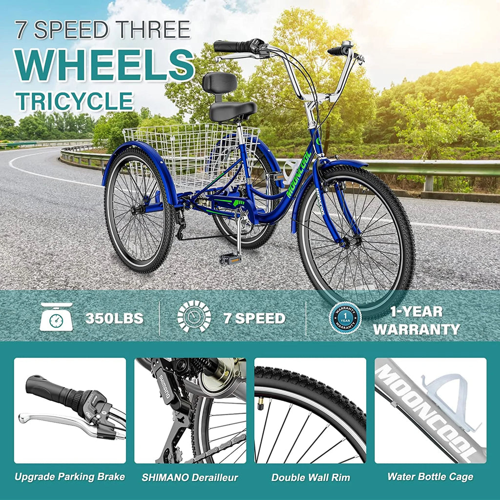 Tricycles pour adultes MOONCOOL avec panier arrière et pompe à pied, vélos à 3 roues 7 vitesses de 24 et 26 pouces, vélo à trois roues pour adultes avec dossier pour seniors, femmes et hommes