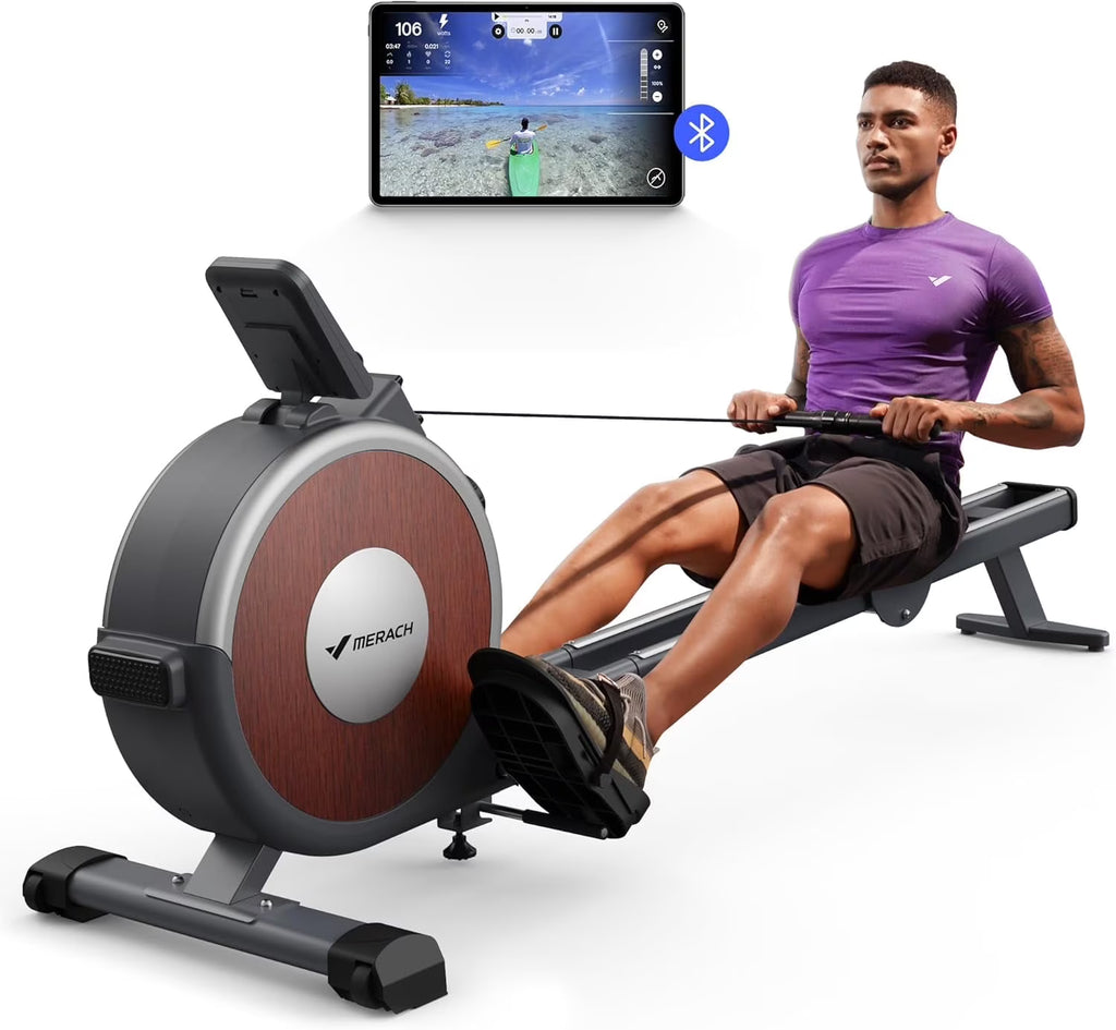 Rameur magnétique MERACH, capacité de charge de 350 lb, 16 niveaux de résistance silencieuse, rameur Bluetooth pour l’entraînement à domicile