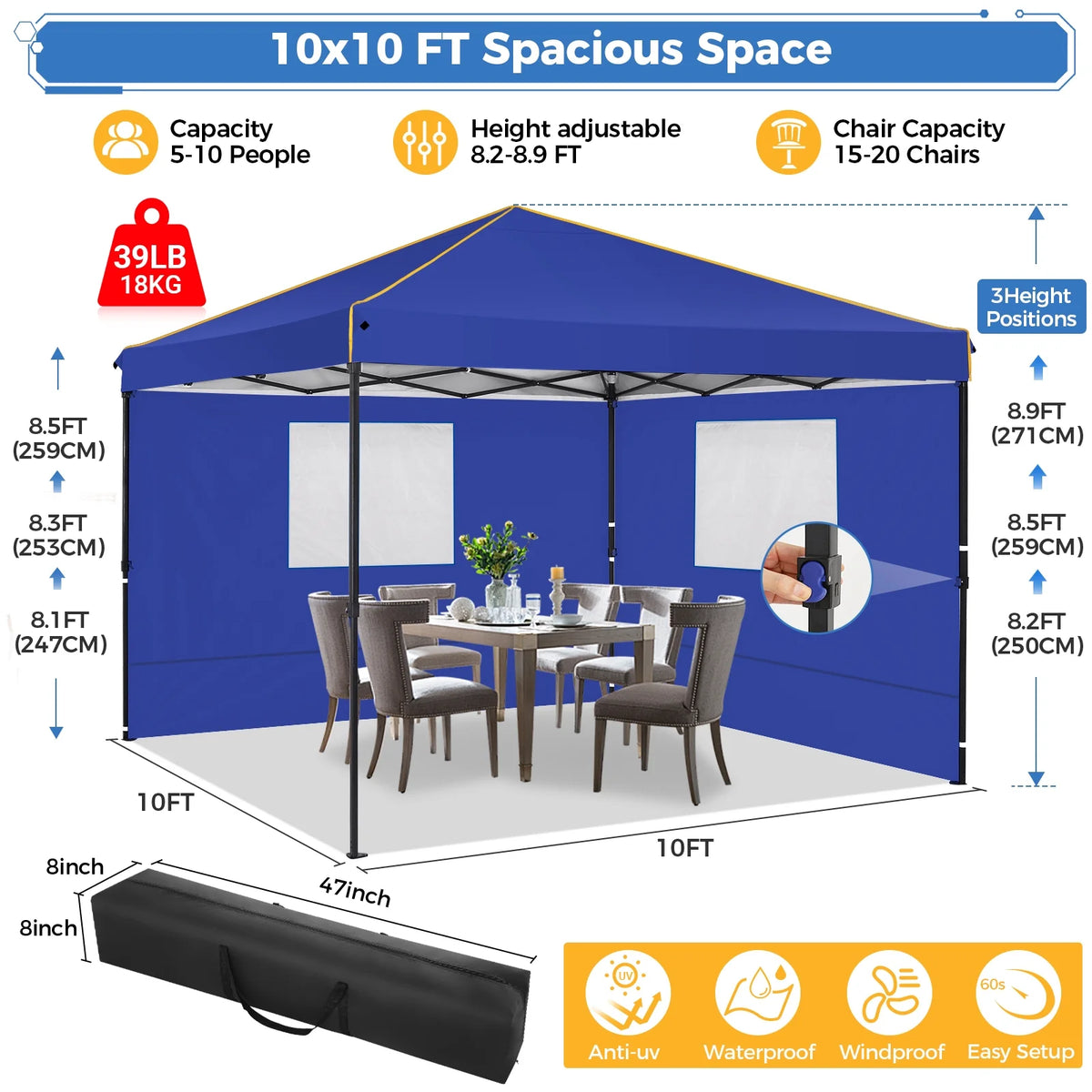 HOTEEL Chapiteau pop-up 10x10 avec murs latéraux, Tente imperméable pour fêtes et événements de mariage, Gazébo d'extérieur instantané avec sac de transport, piquets, cordes et sacs de sable, Noir