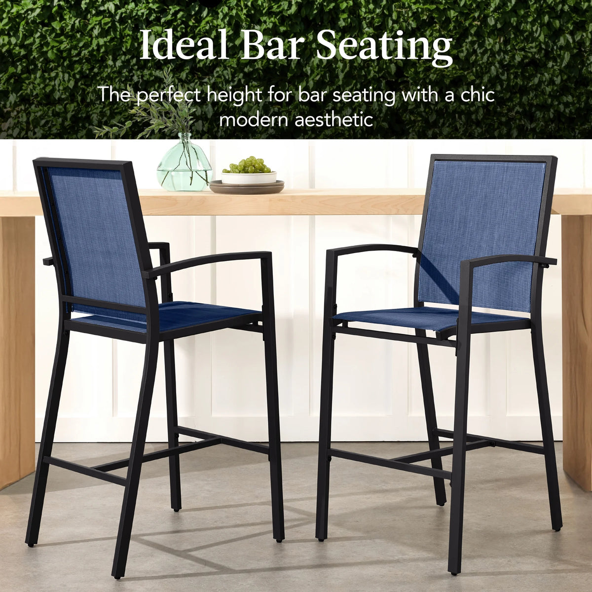 Best Choice Products Lot de 2 tabourets de bar d'extérieur, Chaises de patio hauteur bar avec maille toutes saisons - Noir/Noir