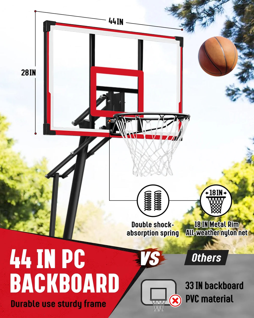 Panier de basketball Seray réglable en hauteur de 4,8 à 10 pieds pour enfants/adultes, panier de basketball portable avec panneau de 44 pouces et 2 roues pour sports en extérieur/intérieur