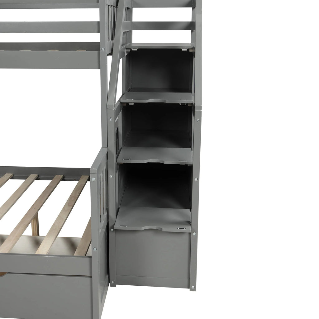 Lit superposé Euroco Wood avec lit simple au-dessus et lit double en dessous, tiroirs et toboggan, gris