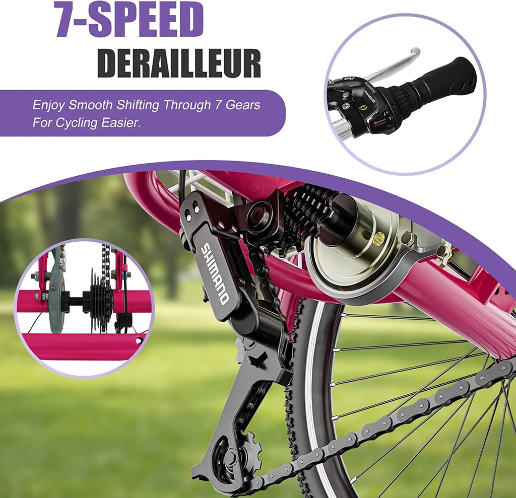 Tricycles pour adultes MOONCOOL avec panier arrière et pompe à pied, vélos à 3 roues 7 vitesses de 24 et 26 pouces, vélo à trois roues pour adultes avec dossier pour seniors, femmes et hommes