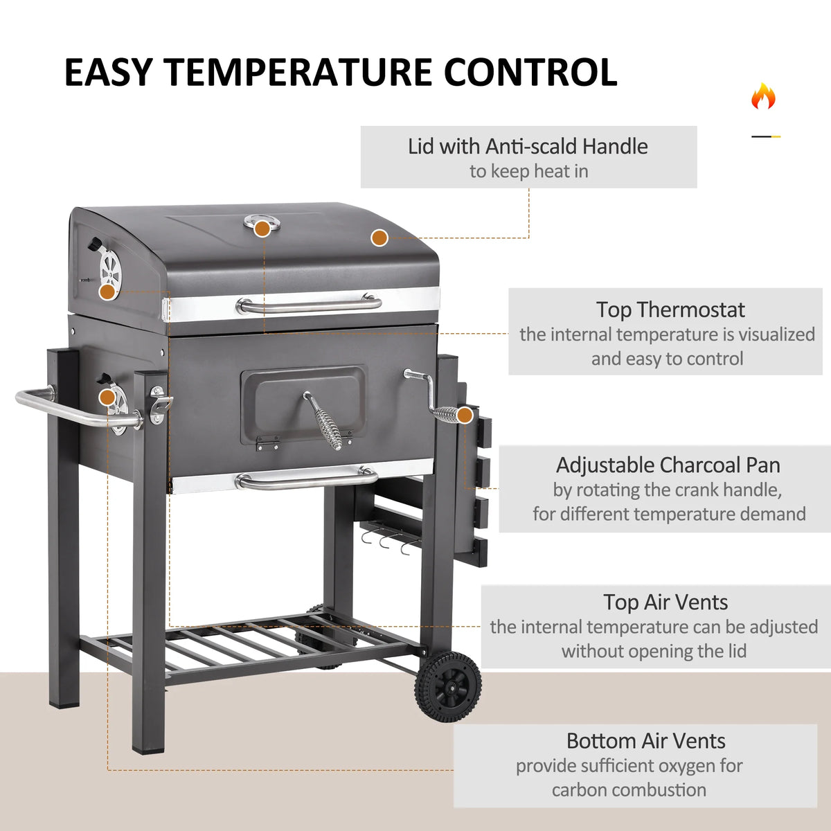 Barbecue à charbon portable Outsunny, en acier inoxydable, avec thermomètre et brûleur latéral, gris