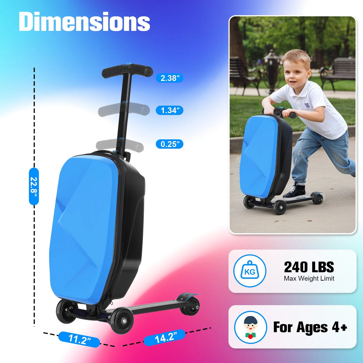 Valise à roulettes Advwin pour enfants et adultes, valise rigide sur laquelle les enfants de 4 à 15 ans peuvent rouler, bagage cabine multifonction léger et pliable avec roulettes, pour enfants et adolescents, rose