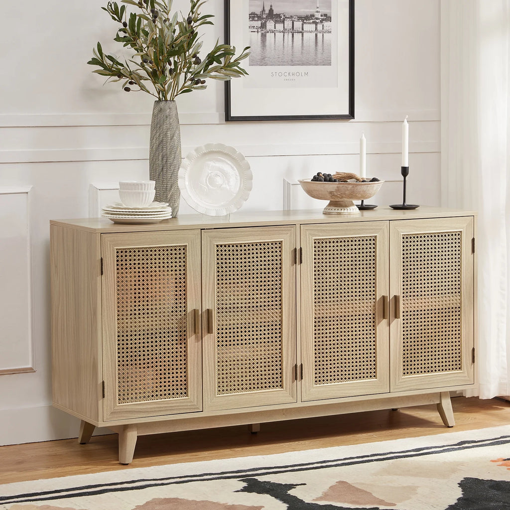 Buffet Boho en bois à 3 portes, meuble de rangement avec portes en rotin, noyer