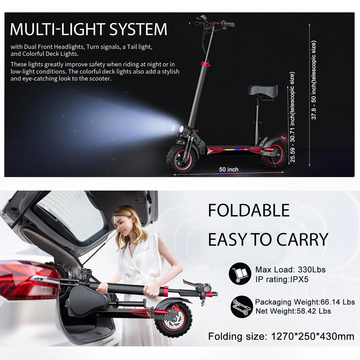MIWEN Trottinette électrique tout-terrain 11'' pour adulte avec siège, moteur 1200W, vitesse jusqu'à 34MPH, autonomie 30-34Miles, trottinette électrique rapide 48V 21Ah pliable