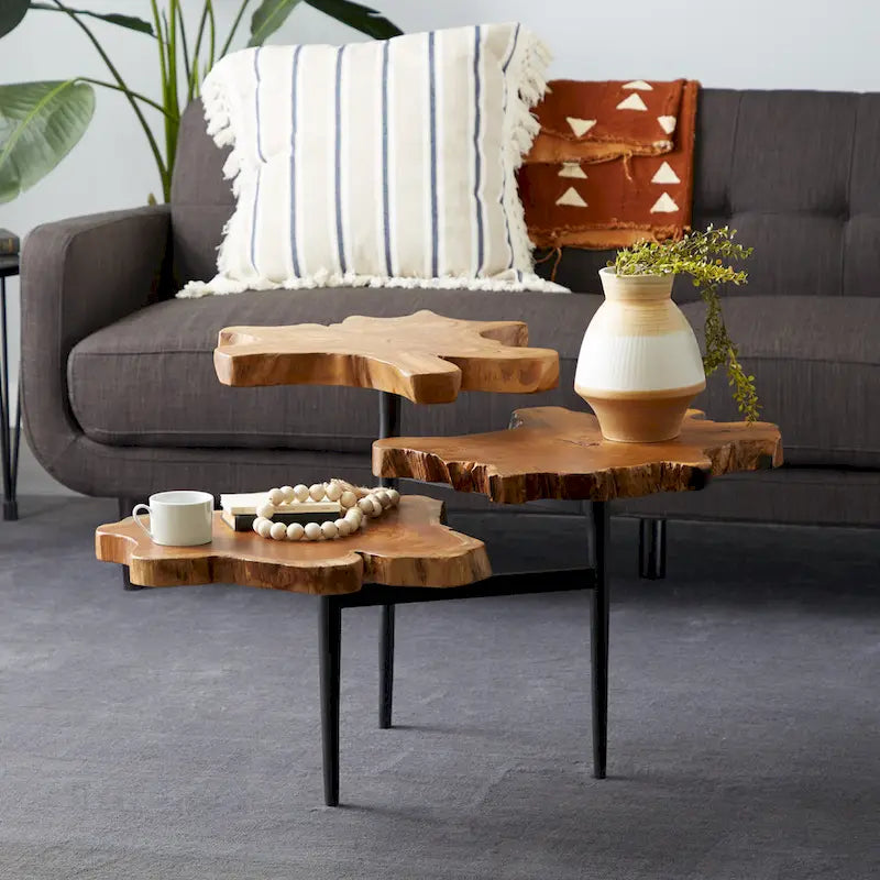 Table d'appoint à 3 niveaux faite à la main en bois de teck avec bord brut et base noire - Marron - 36L x 34P x 24H