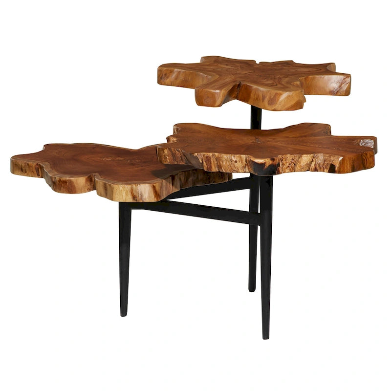 Table d'appoint à 3 niveaux faite à la main en bois de teck avec bord brut et base noire - Marron - 36L x 34P x 24H