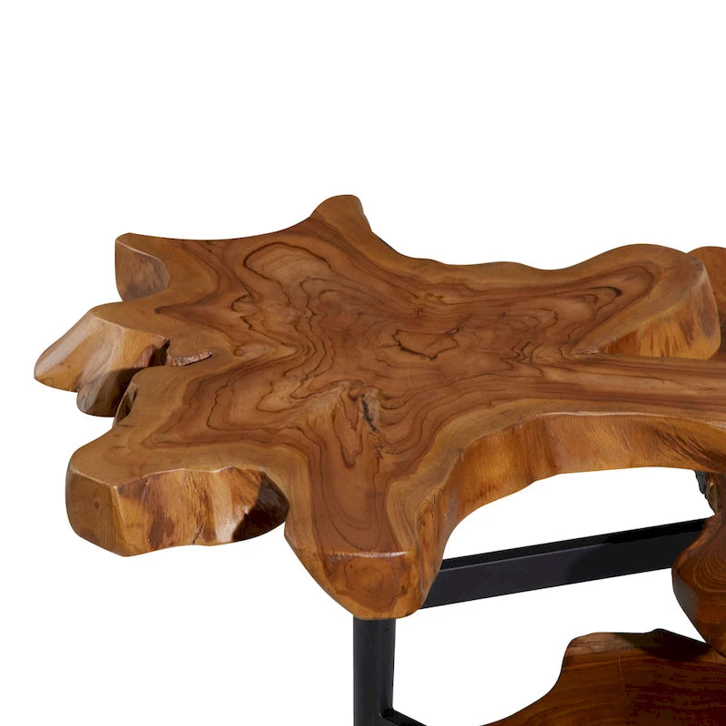 Table d'appoint à 3 niveaux faite à la main en bois de teck avec bord brut et base noire - Marron - 36L x 34P x 24H