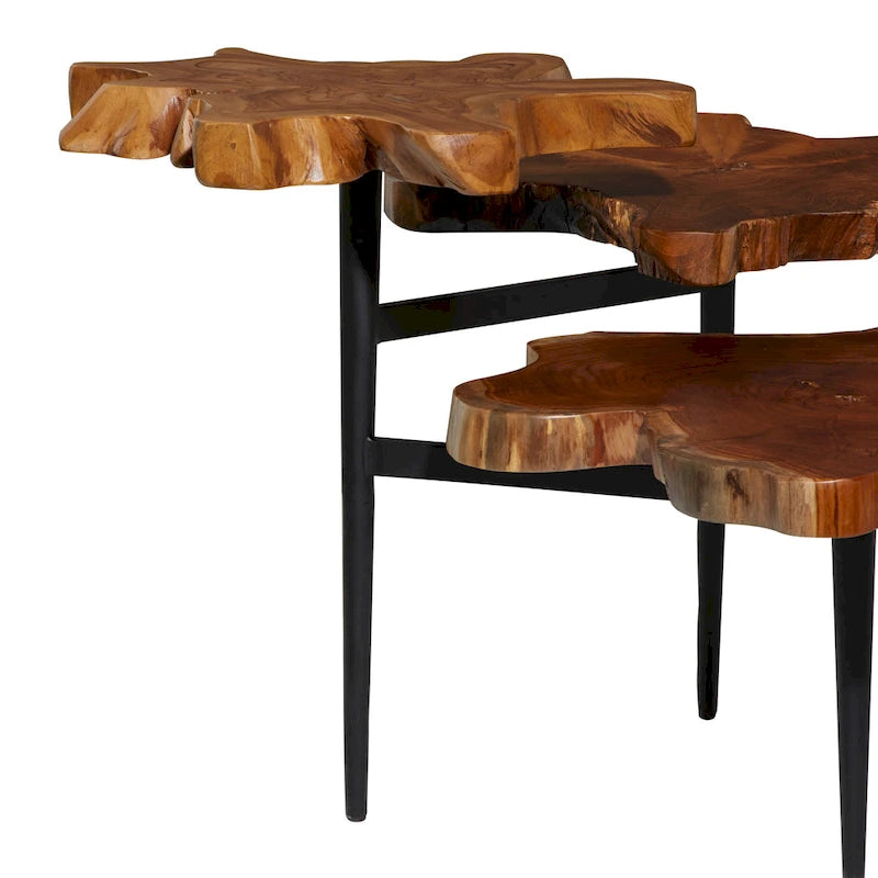 Table d'appoint à 3 niveaux faite à la main en bois de teck avec bord brut et base noire - Marron - 36L x 34P x 24H