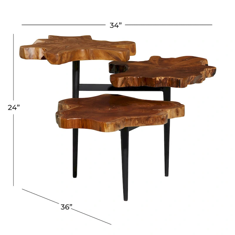 Table d'appoint à 3 niveaux faite à la main en bois de teck avec bord brut et base noire - Marron - 36L x 34P x 24H