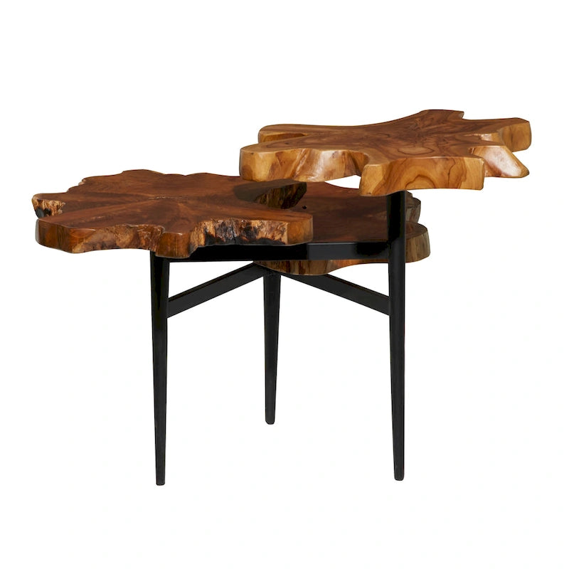 Table d'appoint à 3 niveaux faite à la main en bois de teck avec bord brut et base noire - Marron - 36L x 34P x 24H
