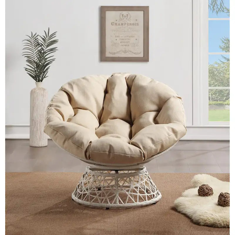 Fauteuil Papasan avec coussin rond et tressage en osier crème