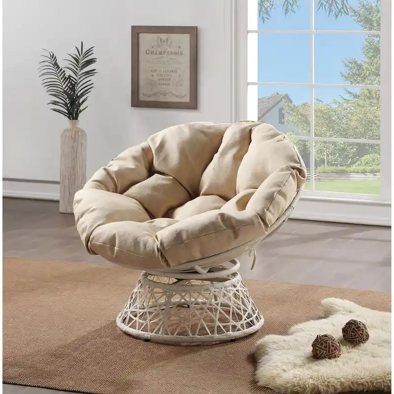 Fauteuil Papasan avec coussin rond et tressage en osier crème
