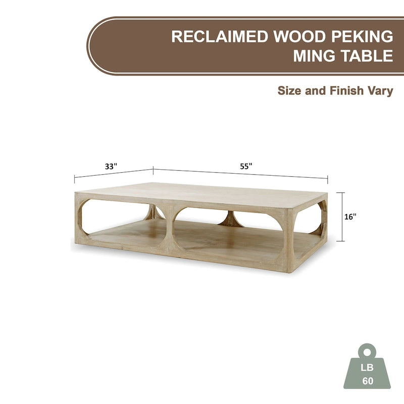 Table basse Ming de Pékin en bois recyclé, petite, 140 cm de long, finition blanchie patinée