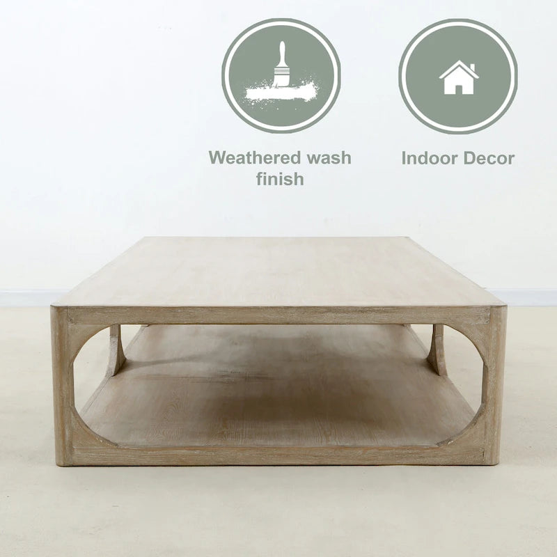 Table basse Ming de Pékin en bois recyclé, petite, 140 cm de long, finition blanchie patinée