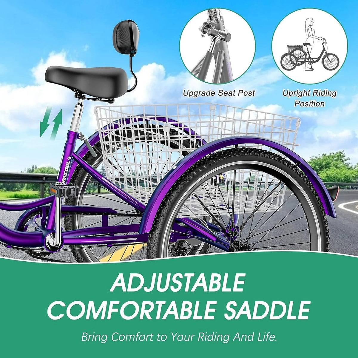Tricycles pour adultes MOONCOOL avec panier arrière et pompe à pied, vélos à 3 roues 7 vitesses de 24 et 26 pouces, vélo à trois roues pour adultes avec dossier pour seniors, femmes et hommes