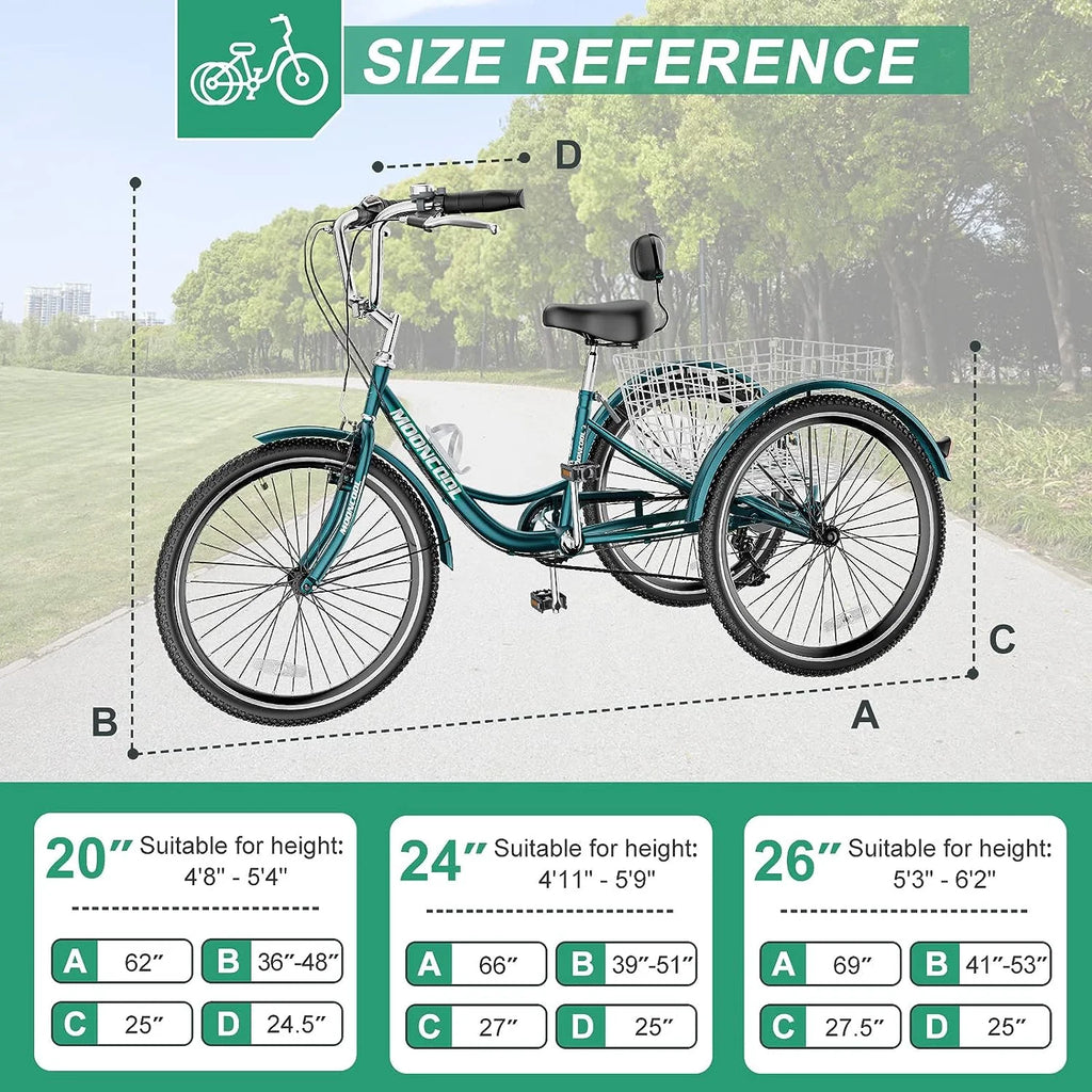 Tricycles pour adultes MOONCOOL avec panier arrière et pompe à pied, vélos à 3 roues 7 vitesses de 24 et 26 pouces, vélo à trois roues pour adultes avec dossier pour seniors, femmes et hommes