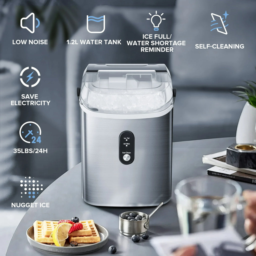 Machine à glaçons Auseo SS Nugget de comptoir avec glaçons tendres à mâcher, 35 lbs/24 h, autonettoyante, pelle à glaçons, acier inoxydable argenté, pour cuisine/bureau/fête