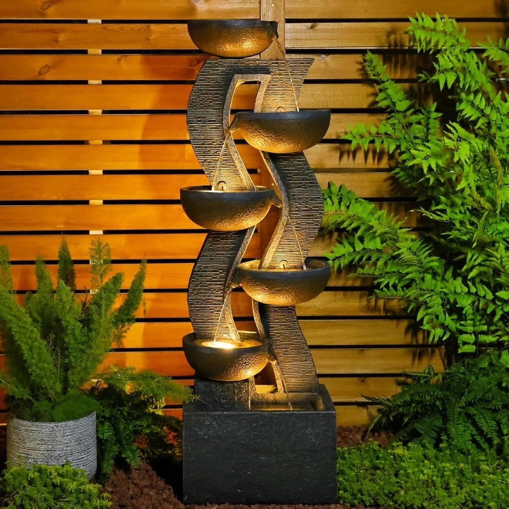Fontaine d’eau de jardin à 6 niveaux, grande fontaine et cascade d’extérieur avec éclairage pour décoration de terrasse, cour, porche ou piscine