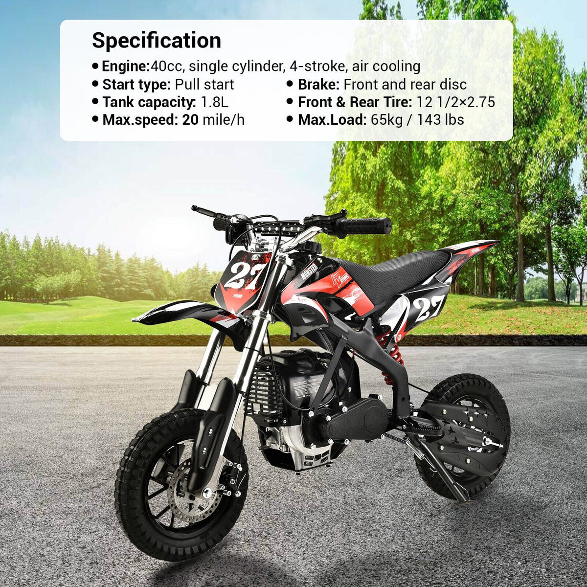Mini moto tout-terrain à essence 4 temps 40 cc Pocket Pit Bike avec freins pour enfants et adolescents, noire