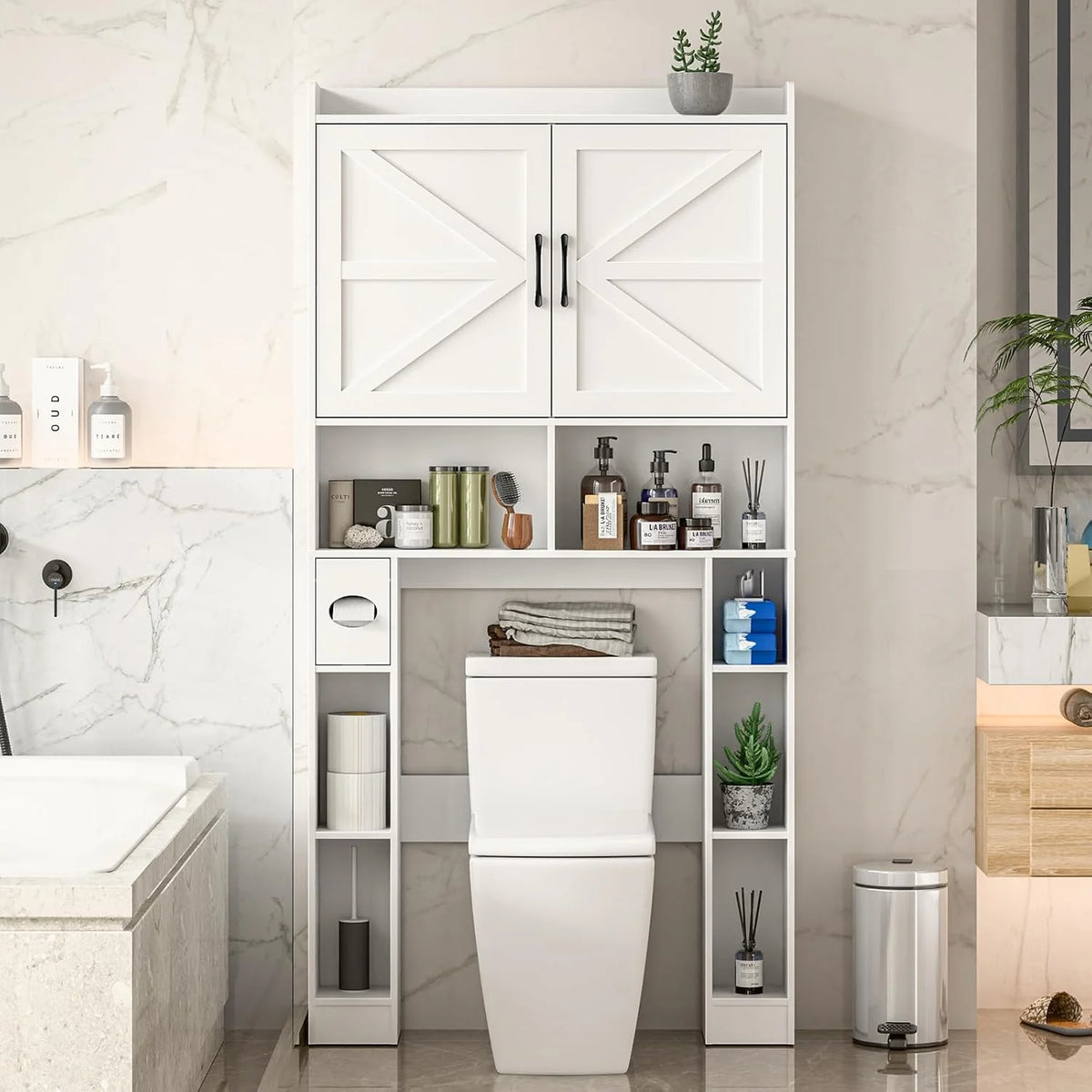 Meuble de rangement Vabches au-dessus des toilettes avec porte-papier toilette, avec étagère réglable et 2 portes