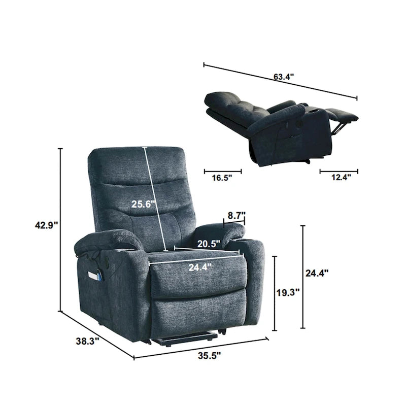 Fauteuil inclinable électrique avec fonction de massage et de chauffage pour personnes âgées, 3 positions, 2 poches latérales, porte-gobelets, port USB
