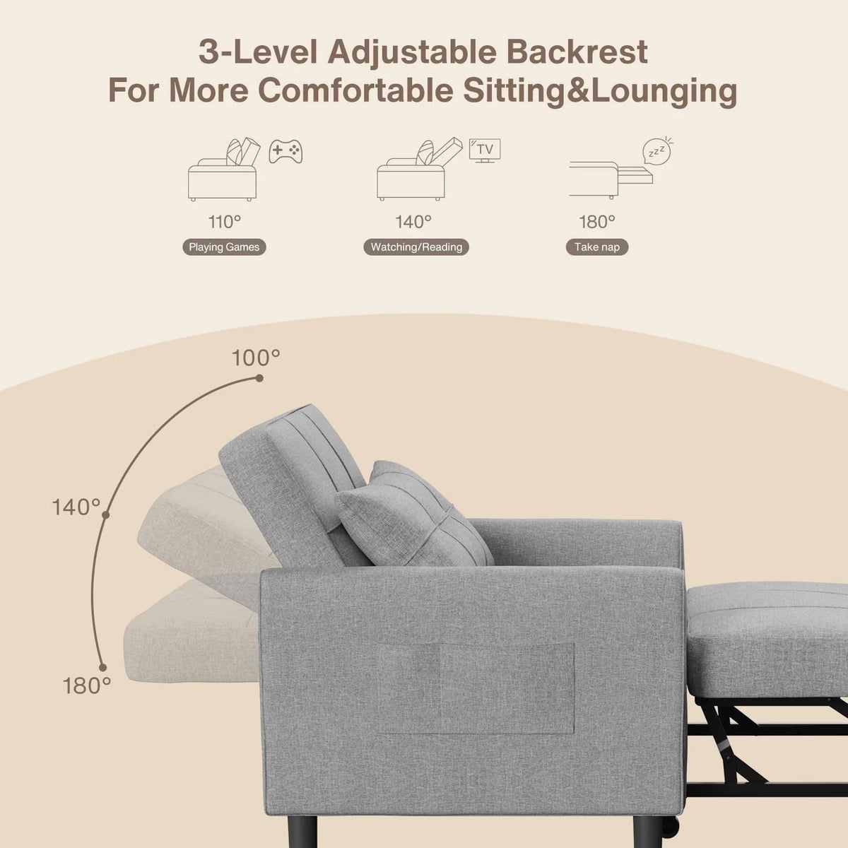 Fauteuil convertible Lofka, canapé-lit inclinable, lit une place pour salon/bureau/chambre, gris clair