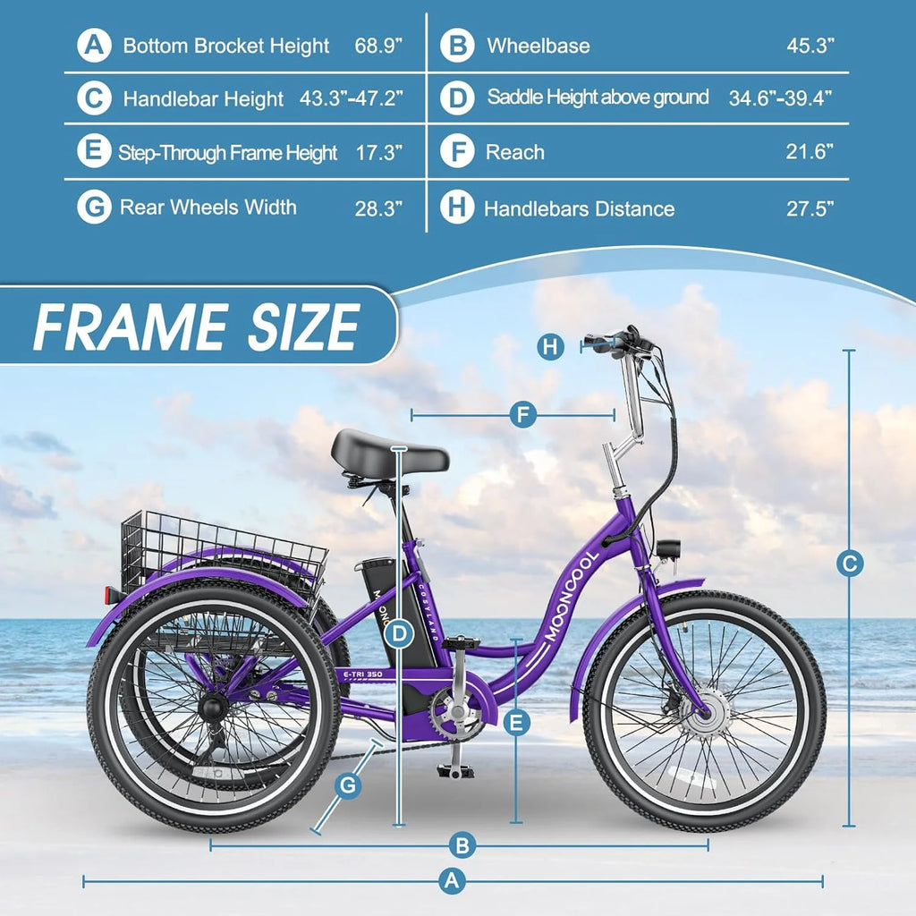 Tricycles électriques ABORON 24 26, batterie au lithium 36 V 10 Ah 350 W, triporteur électrique 7 vitesses pour adultes avec grand panier arrière et siège réglable