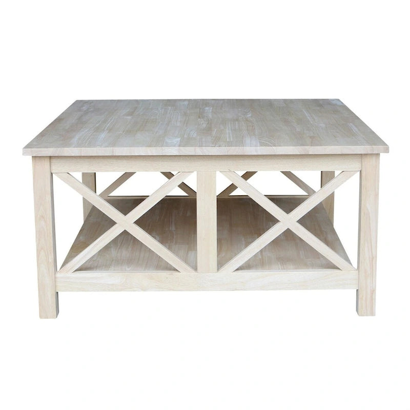 Table basse carrée en bois massif non fini avec étagère inférieure - 36 po L x 36 po P x 18 po H.
