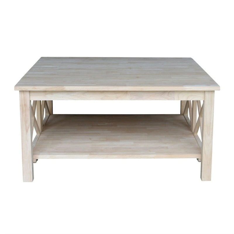 Table basse carrée en bois massif non fini avec étagère inférieure - 36 po L x 36 po P x 18 po H.