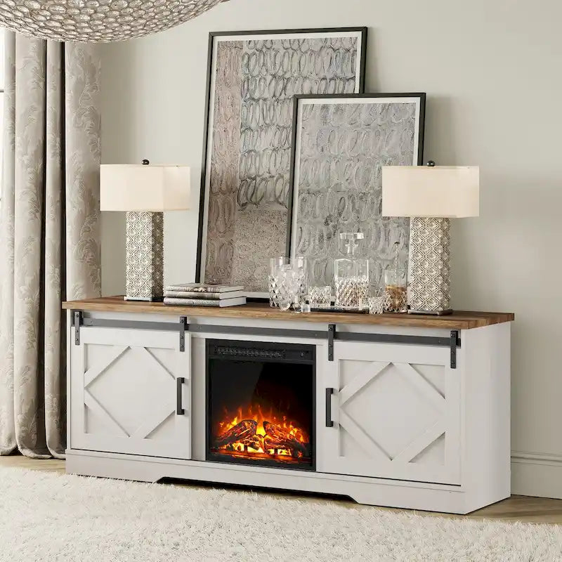 Meuble TV avec cheminée, centre de divertissement de style rustique avec portes coulissantes en forme de grange