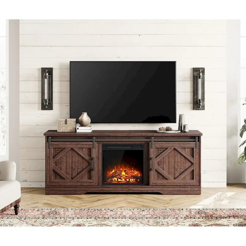 Meuble TV avec cheminée, centre de divertissement de style rustique avec portes coulissantes en forme de grange