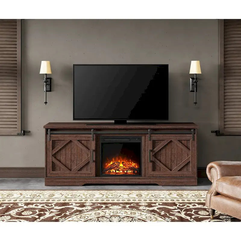 Meuble TV avec cheminée, centre de divertissement de style rustique avec portes coulissantes en forme de grange
