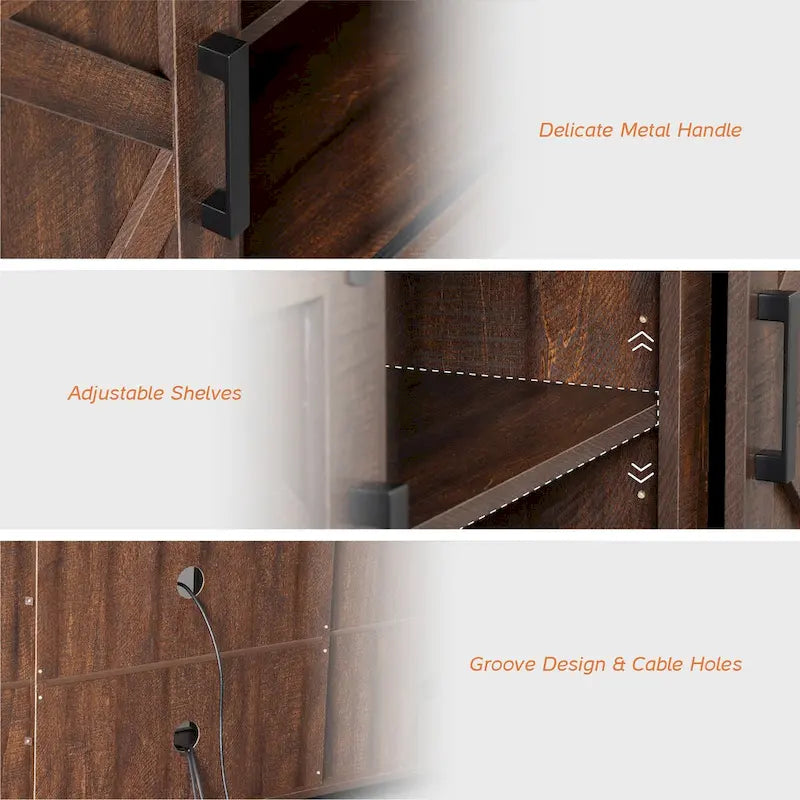 Meuble TV avec cheminée, centre de divertissement de style rustique avec portes coulissantes en forme de grange