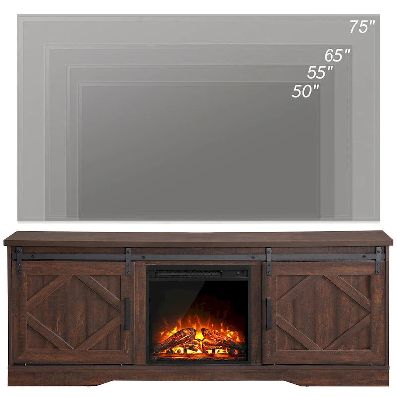 Meuble TV avec cheminée, centre de divertissement de style rustique avec portes coulissantes en forme de grange