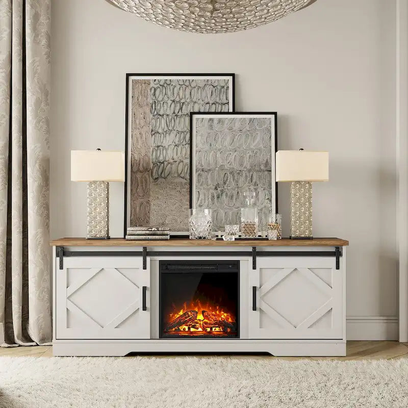 Meuble TV avec cheminée, centre de divertissement de style rustique avec portes coulissantes en forme de grange