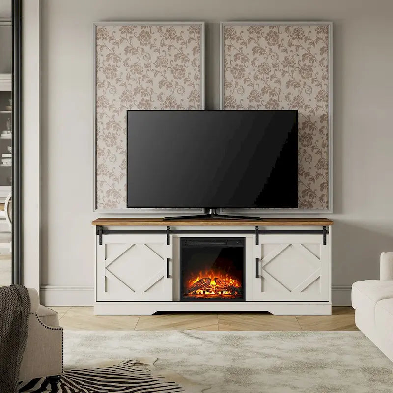 Meuble TV avec cheminée, centre de divertissement de style rustique avec portes coulissantes en forme de grange