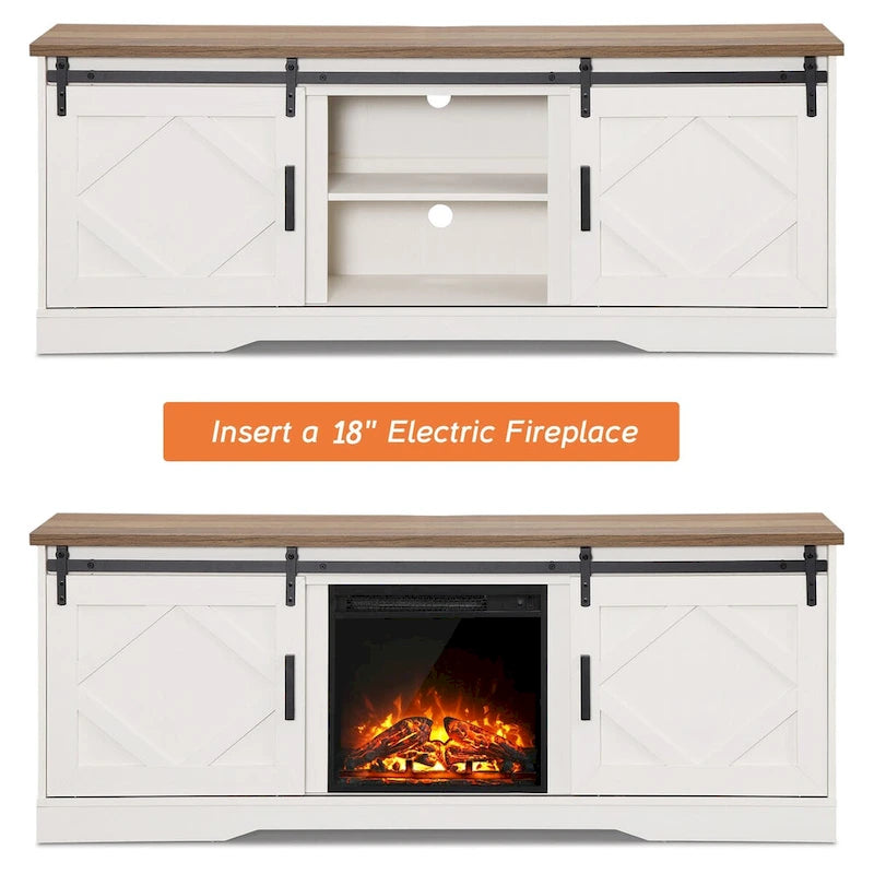 Meuble TV avec cheminée, centre de divertissement de style rustique avec portes coulissantes en forme de grange