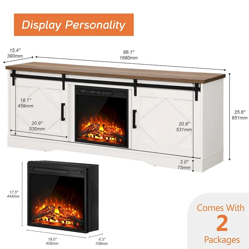 Meuble TV avec cheminée, centre de divertissement de style rustique avec portes coulissantes en forme de grange