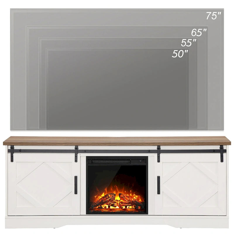 Meuble TV avec cheminée, centre de divertissement de style rustique avec portes coulissantes en forme de grange