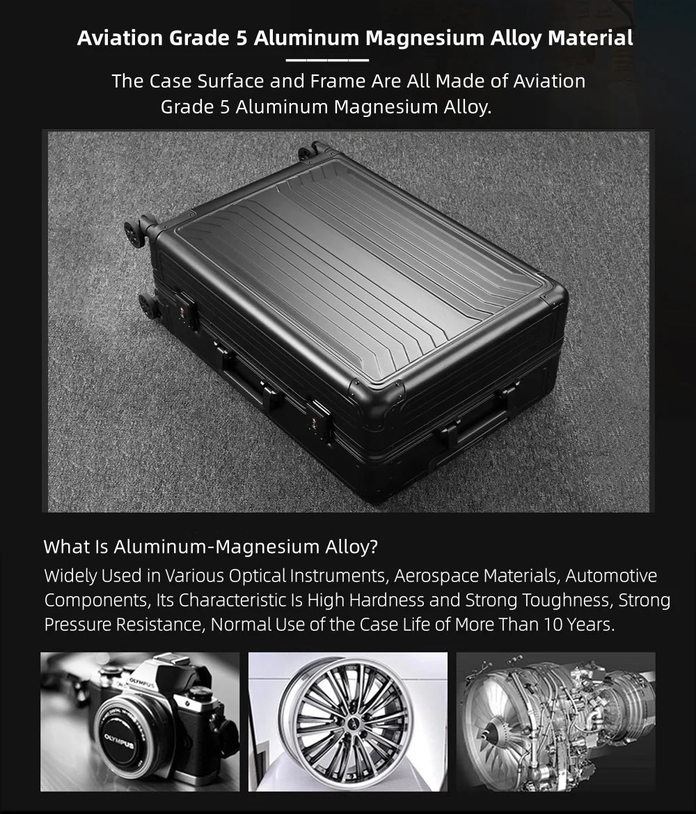 Valise cabine rigide entièrement en aluminium et magnésium avec roulettes, valise en soute rigide moderne sans fermeture éclair avec cadenas TSA, valise en métal approuvée par les compagnies aériennes, bagage roulant en métal