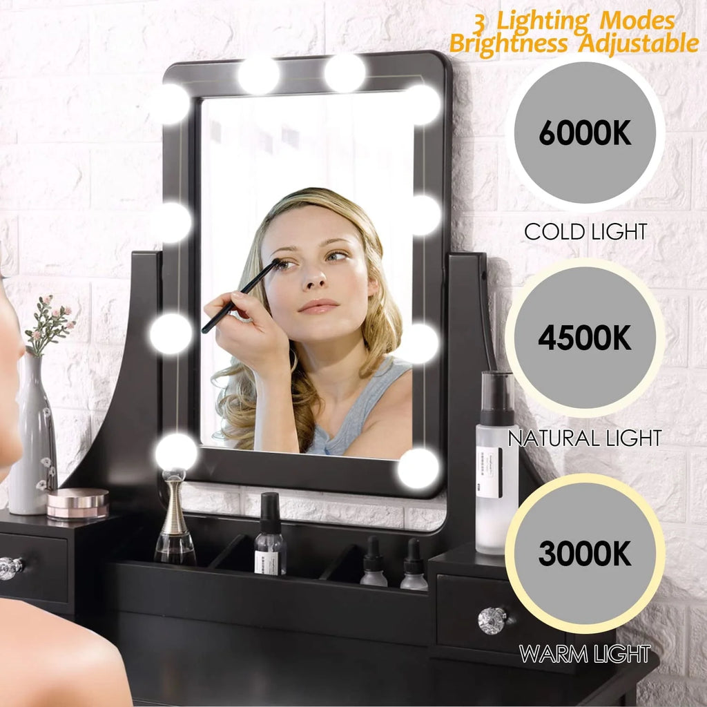 Coiffeuse de maquillage VEANERWOOD avec 10 lumières LED, coiffeuse avec miroir lumineux et tabouret rembourré, 5 tiroirs et 2 étagères, meuble de toilette pour chambre, luxueuse, noire