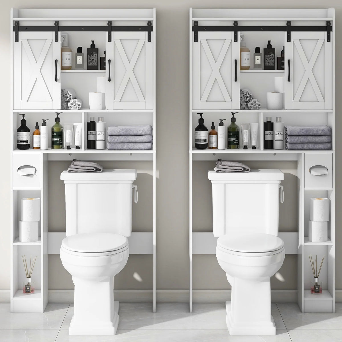 Meuble de rangement au-dessus des toilettes, meuble de rangement de style maisonnette au-dessus des toilettes avec portes coulissantesÉtagère de rangement gain de place pour toilettes, pour salle de bains, toilettes, buanderie