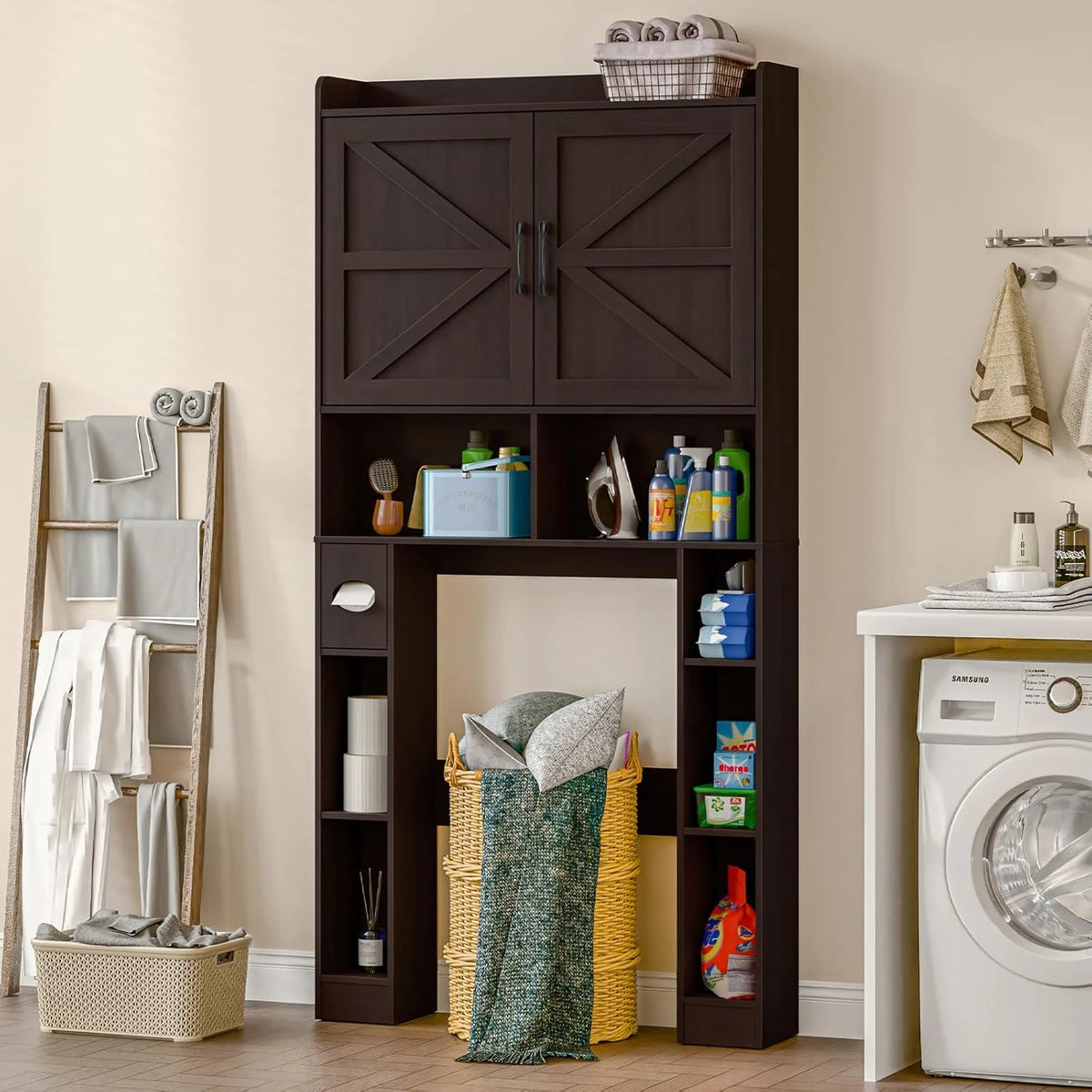 Meuble de rangement Vabches au-dessus des toilettes avec porte-papier toilette, avec étagère réglable et 2 portes