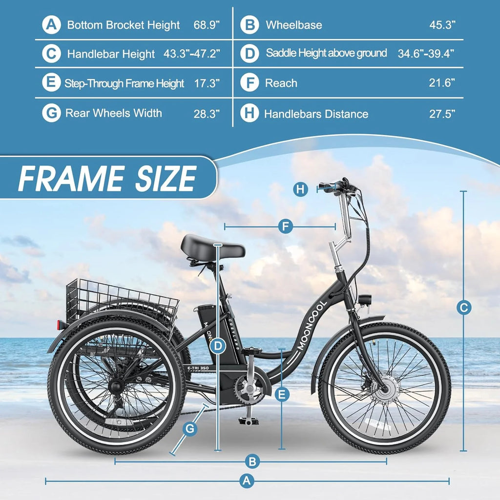 Tricycles électriques ABORON 24 26, batterie au lithium 36 V 10 Ah 350 W, triporteur électrique 7 vitesses pour adultes avec grand panier arrière et siège réglable